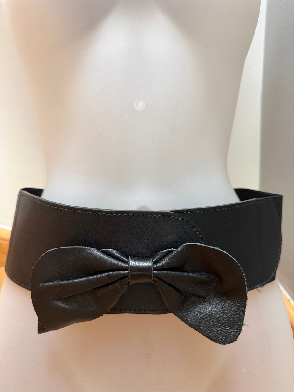 Anthro Black Wide Elastic Waist Belt Leather Bow Front Cinch Corset Stretchy